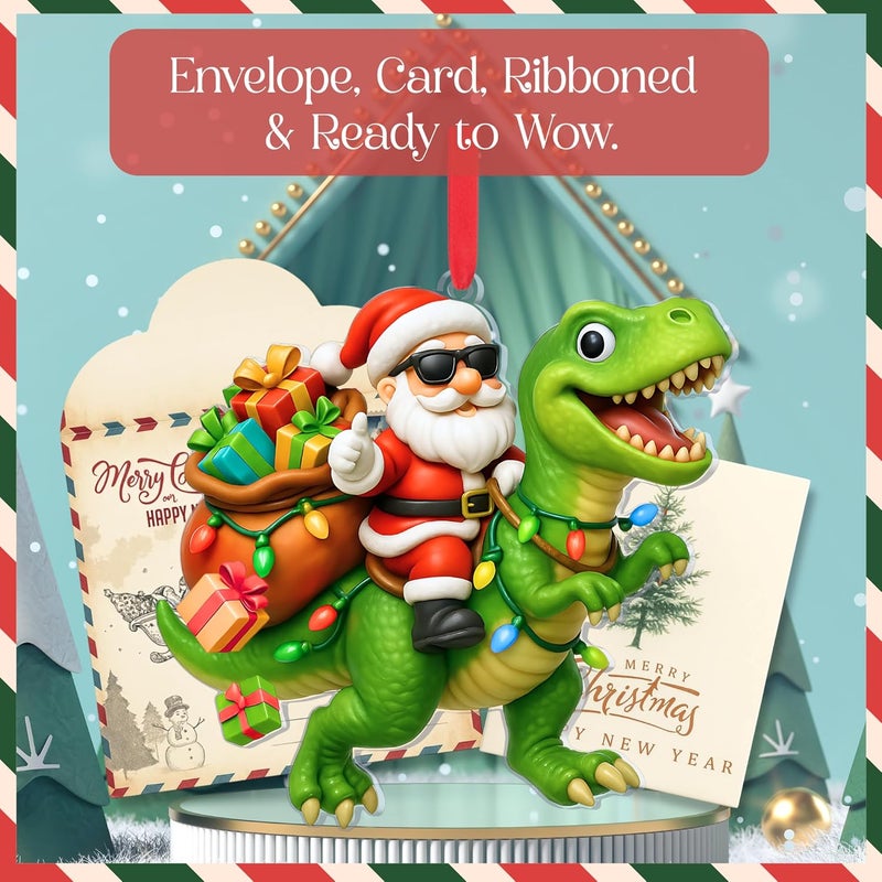 Hutato Santa Riding Dinosaur Ornament - Dinosaur Christmas Ornament, Christmas Ornaments Kids, Boy Ornaments for Tree, Dino Ornaments for Xmas, Novelty Santa Claus Gift, Boys Dino for Child - Image 4